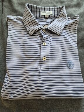 Peter Millar Summer Comfort Blue & White Stripe "B 1908" Polo Shirt - M